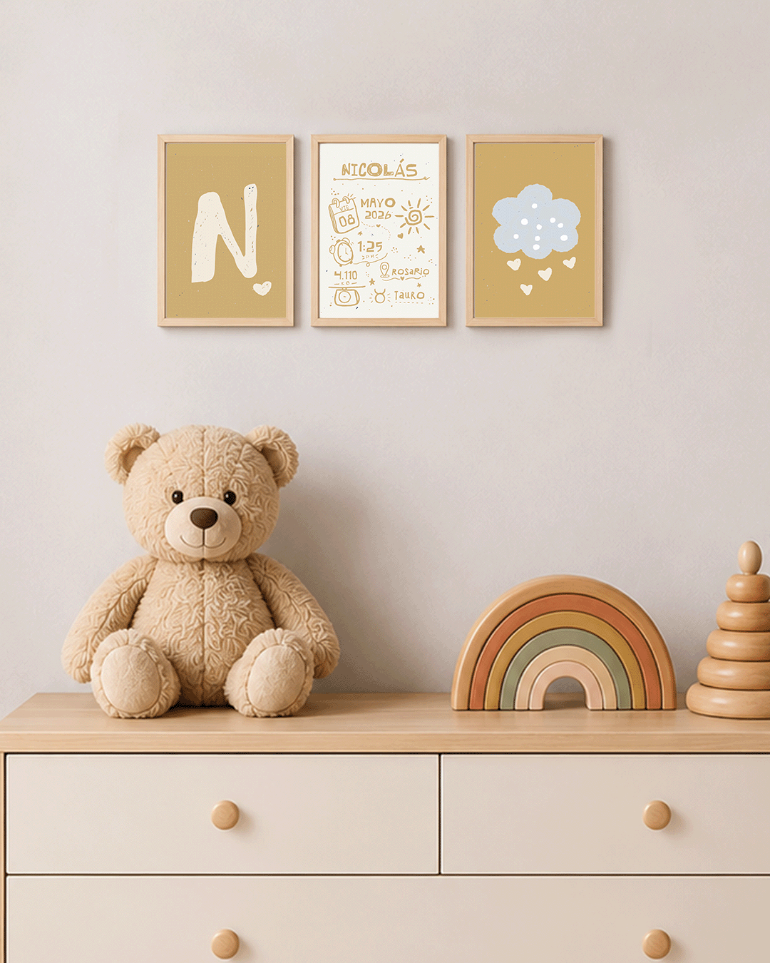3 cuadros de nacimiento - Totalmente personalizados con datos del bebé Color Beige
