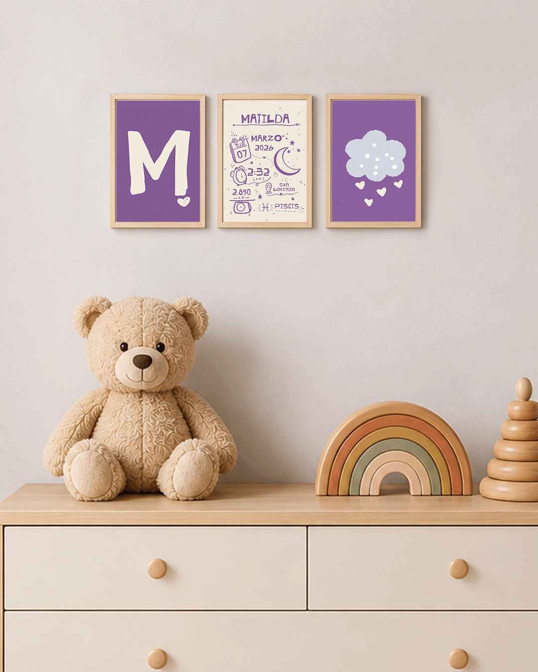 3 cuadros de nacimiento - Totalmente personalizados con datos del bebé Color Lila