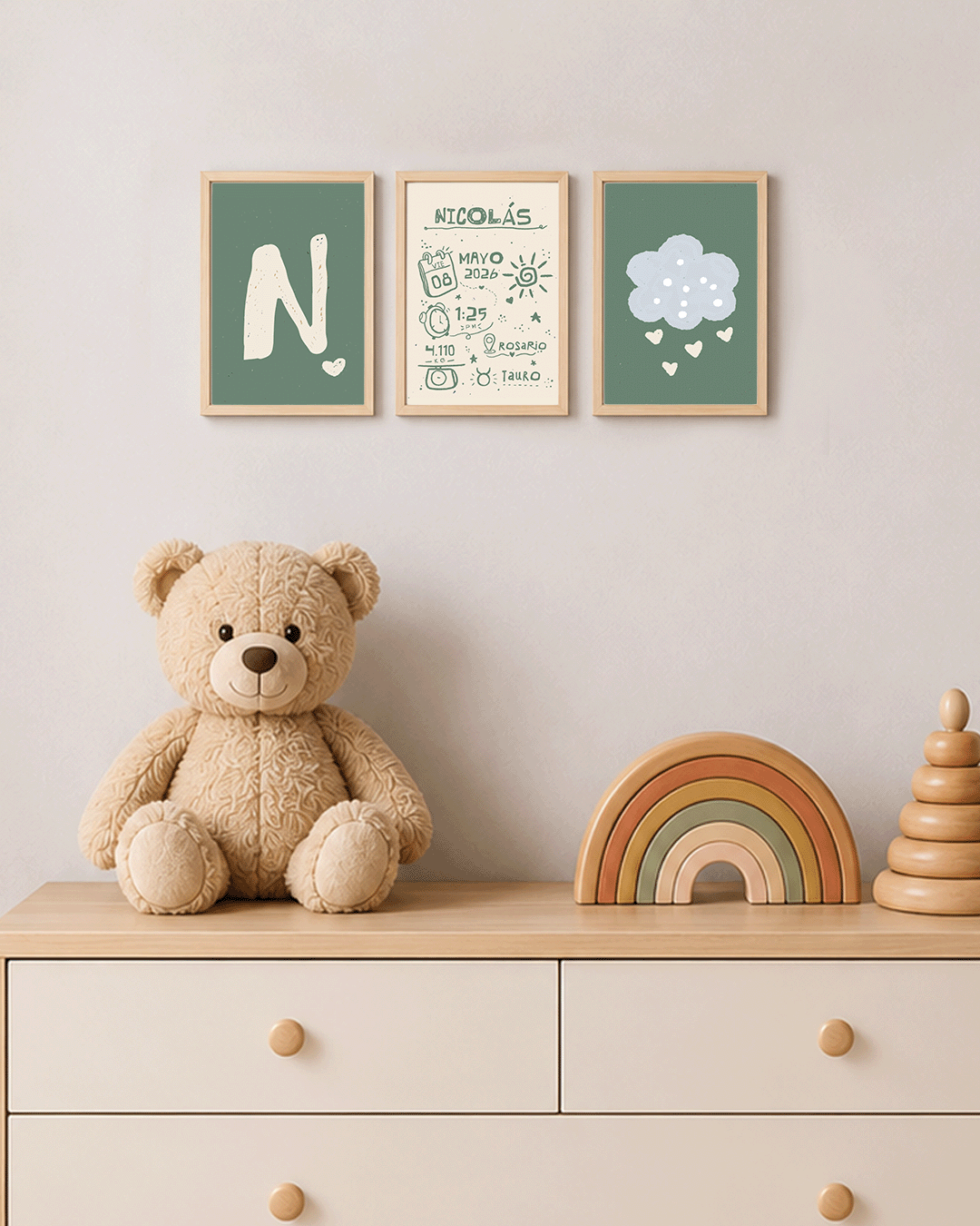 3 cuadros de nacimiento - Totalmente personalizados con datos del bebé Color Verde